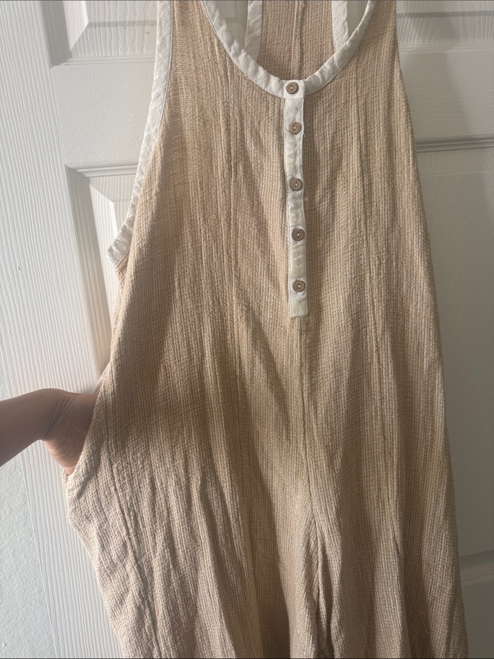 Free People Natural Woven Tank Romper with White Trim - Picture 4 of 4